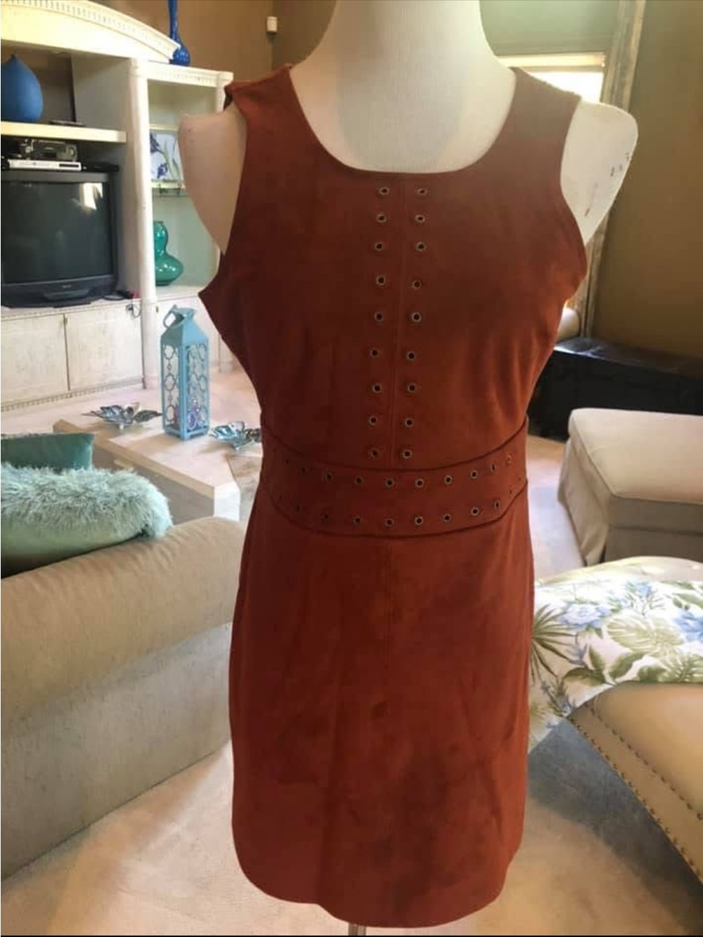 Express Retro Y2K Inspired Burnt Orange Faux Suede A-Line Dress Grommets Sz 0